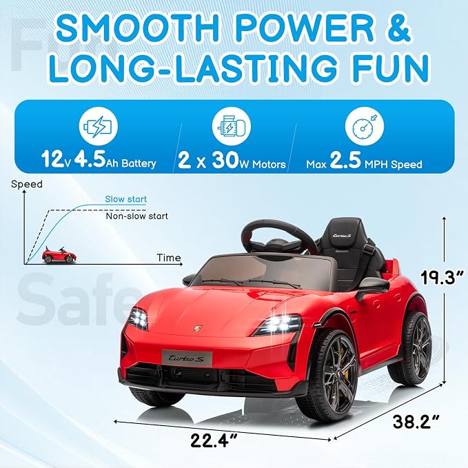Winado 12V Kids Ride on Car, Licensed Porsche Taycan Electric Car for Toddlers, Battery Powered Ride on Vehicle W/Remote Control, with Bluetooth, 3 Speeds, LED & Rear Lights, Music & Horn (Red)