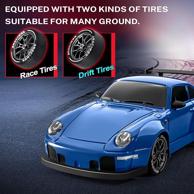 ACAMMZAR RC Drift Car, 1:24 Remote Control Car for Kids, 20KM/H 4WD High Speed RC Cars with LED Lights, Two Batteries, Extra Drifting Tires, Vehicle for Adults Boys Girls, Blue