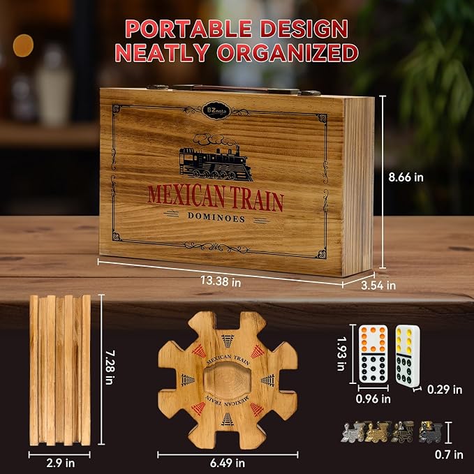 Mexican Train Dominoes Set with 8 Charcoal-burned Wooden Holders & Hub, Double 12 Dominos Set Colored Dot 91 Tiles in Vintage Wooden Case, Travel Dominos Set Metal Trains for Adults Family Game