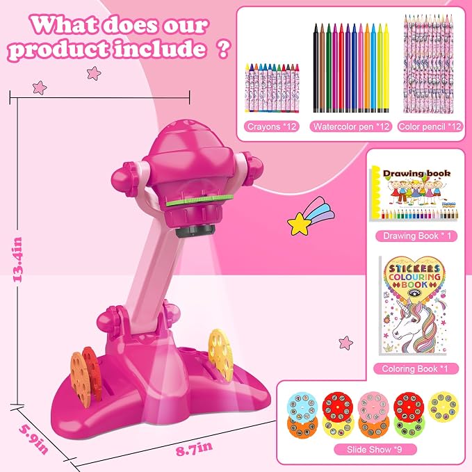 Sumsoltic Drawing Projector for Kids, Art and Craft Kit,Including Colored Pencils, Crayons, Coloring Books, Toys for 3+ Year Old Girls (Pink Drawing Kit v2)