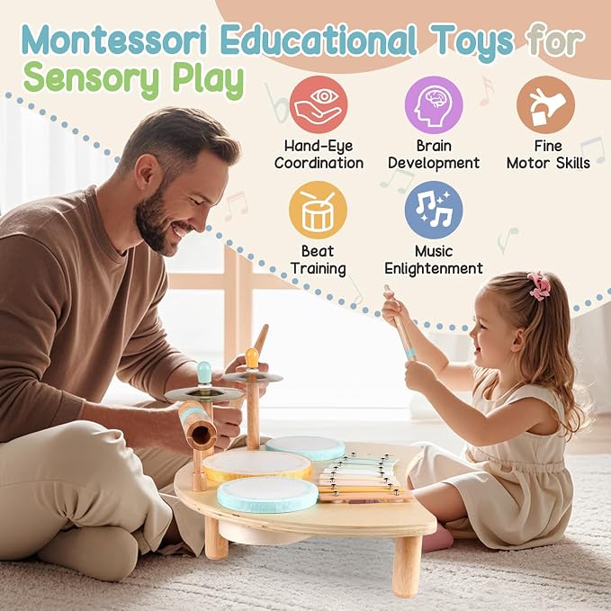 Kids Drum Set Montessori Musical Instruments for Toddlers 1-3, Wooden Baby Drum Kit with Xylophone, Preschool Music Toys for Early Learning, Educational Birthday Gift for Boys Girls (Multicolored)