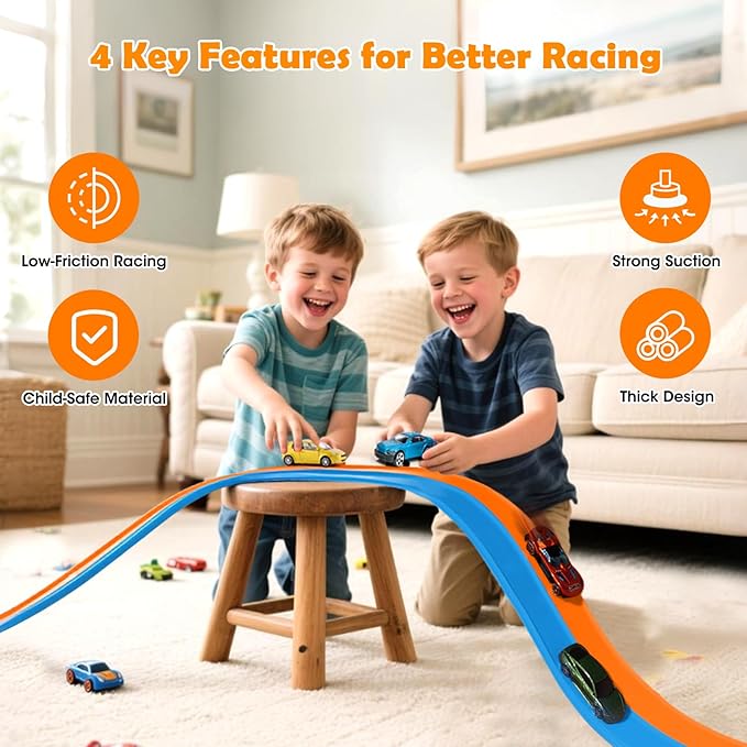 15 Ft Flexible Race Track for Kids 3+, Certified Safe Flex Race Car Ramp, Portable Roll-Up Toy Track Starter Set with Strong Suction Cups for 1/64 Diecast Cars, Great Gift for Boys and Girls