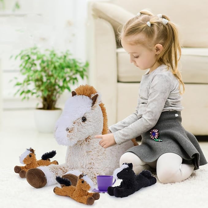 Tezituor 4Pcs Horse Stuffed Animal Set, 21inches Large Mommy Stuffed Horse with 4 Babies Pony Toys, Brown Stuffed Pony Plush Pillow for Boys Girls Birthday Gift Decoration