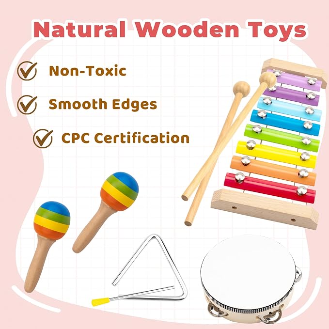 Toys for 1 2 Year Old Boys Girls Birthday Gifts, Wooden Musical Instruments for Toddlers 1-3, Educational Baby Drum Set with Xylophone & Maracas and More, Music Toys for Toddler Preschool