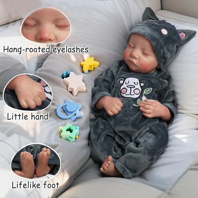 DAYOFFKIDS18Inch Sleeping Reborn Baby Doll, Realistic Newborn Baby Doll with Vinyl Body, Handmade Lifelike Washable Body Features, for Kids Ages 3+ (LeviBlack)