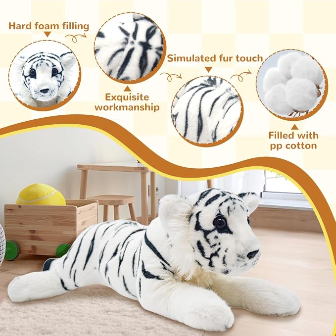 White Tiger Stuffed Animal 23.6" Giant Stuffed Tiger Plush Jungle Stuffed Animal Soft Plush Tiger Stuffy Cute Plushie Toys Realistic Birthday Graduation Gifts for Kids Boys