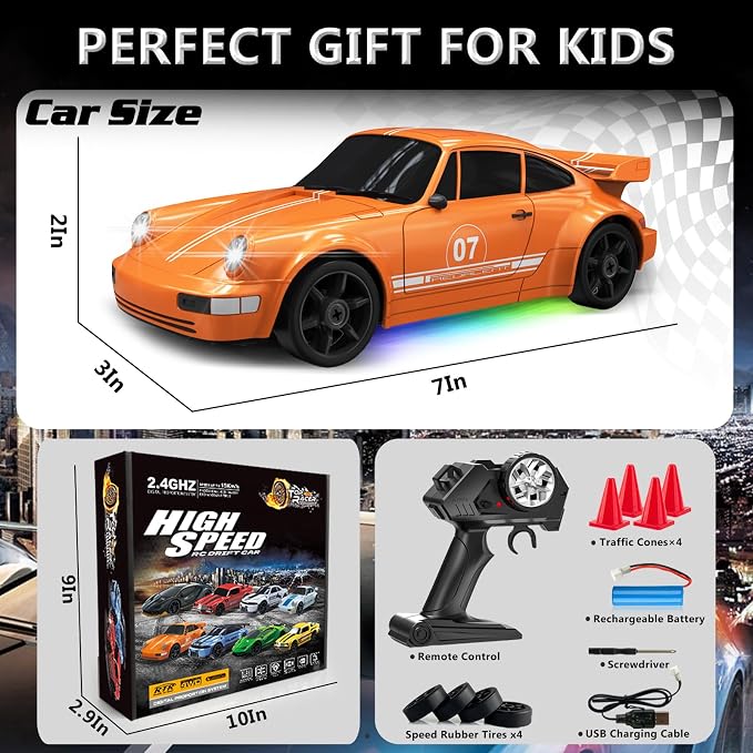 Remote Control Car RC Drift Car 2.4GHz 1:24 4WD 15KM/H High Speed Racing Sport Car with LED Lights Drifting Tire Racing Sport Toy for Adults Boys Girls Kids Gift 2Pcs Rechargeable Batteries