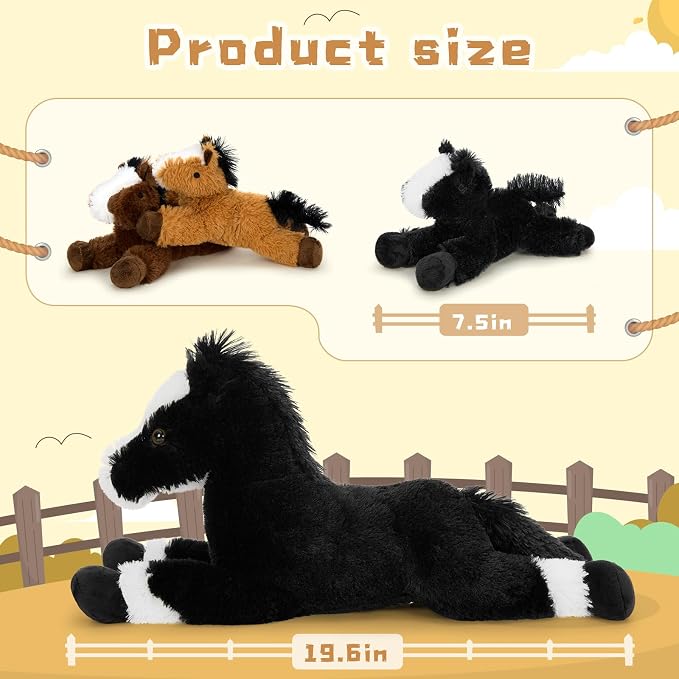Tezituor 4Pcs Horse Stuffed Animal Set, 21inch Large Stuffed Mommy Horse with 3 Babies Pony Toys for Boys Girls, Black Stuffed Pony Plush Pillow Birthday Party Gift for Kids