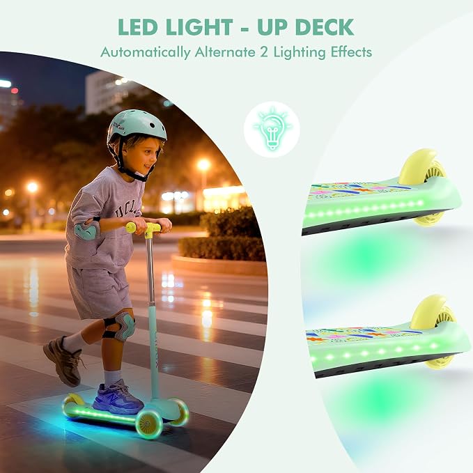 TONBUX Kids Scooter for Ages 3-5, Toddler Scooter with Light-Up Deck and Wheels, Adjustable 4-Level Height 3-Wheel Scooters for Kids, Lean-to-Steer Design