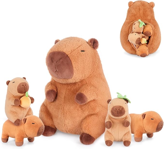 SuzziPals 5-in-1 Sitting Capybara Stuffed Animals with Babies Inside, 5PCS Set Capybara Plush with Mommy & 4 Babie, Soft Pillow Decor, Cute 3 to 8 Year Old Girl Gifts, Imaginative Play Toy(Capibara)