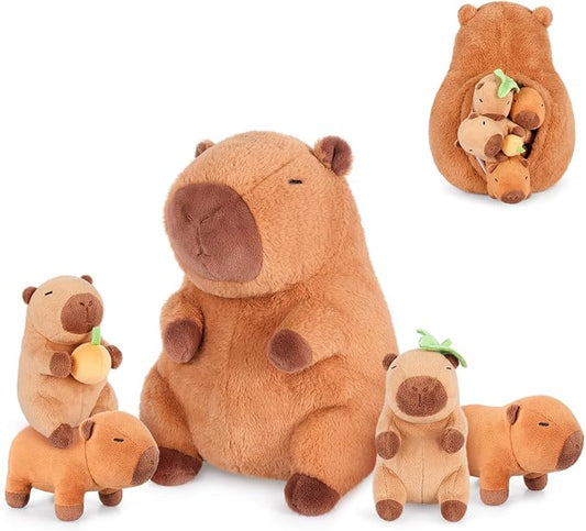 SuzziPals 5-in-1 Sitting Capybara Stuffed Animals with Babies Inside, 5PCS Set Capybara Plush with Mommy & 4 Babie, Soft Pillow Decor, Cute 3 to 8 Year Old Girl Gifts, Imaginative Play Toy(Capibara)