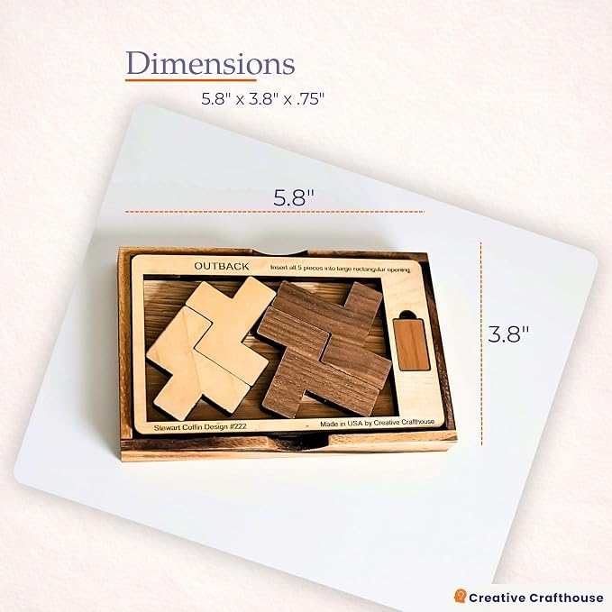 Creative Crafthouse Outback Puzzle, Stewart Coffin Wood Brain Teaser, Hard | A packing design numbered 222. Five cherry and maple pieces have just one known solution, a tough desk challenge, made in USA