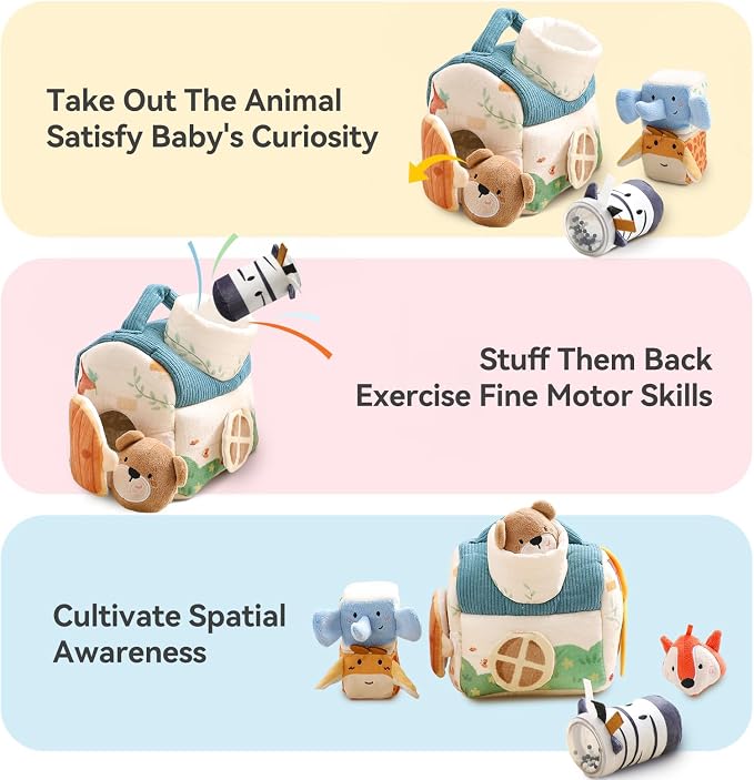 Youuys Travel Sensory Soft Barn Toys for Babies 6-12 Months & Toddlers 1-3 Year Old On-The-Go Montessori Stuffed Animal Plush Playset with Crinkle, Rattle, Safe Mirror Educational Gifts for Boy Girl