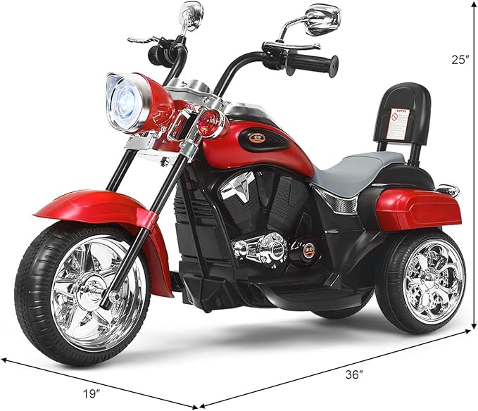 Costzon Kids Motorcycle, 6V Battery Powered Ride on Chopper Motorcycle w/Horn, Headlight, 3-Wheel Stable Ride on Toys, Electric Toddler Motorcycle for Kids Boys Girls Gift (Red)