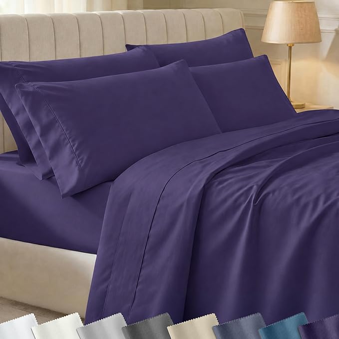 California Design Den 6-Pc King Size Sheet Set with 4 Pillowcases - Soft 400 Thread Count 100% Cotton Sheets, Sateen Weave, Deep Pocket Bedsheets Set - Dark Purple