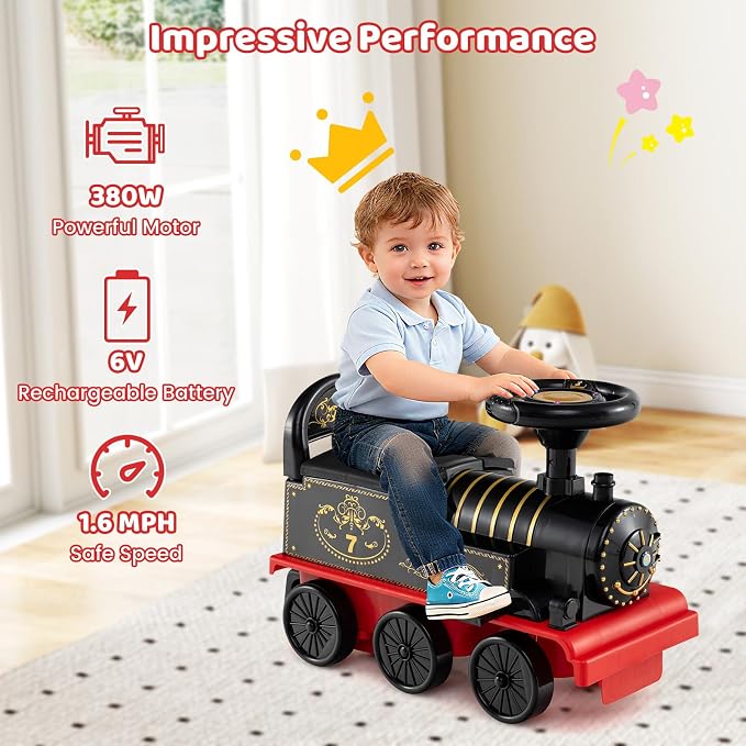 Costzon 2-Seater Ride on Train with Carriage, 6V Ride on Toy w/Under-Seat Storage, Footrests, Train Whistle, Music & Colorful Flashing LED Lights, Electric Car for Kids Aged 18+ (2 Seaters, Black)
