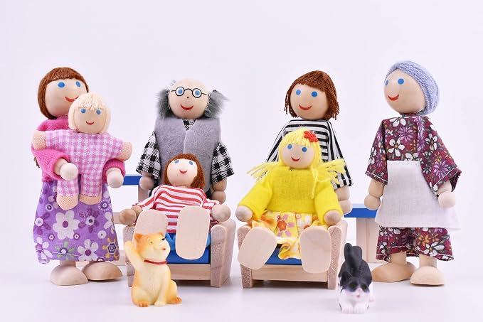Jzszera Wooden Dollhouse People, 2-4 inches Doll House Dolls Family with 2 Pets (Dog and Cat)