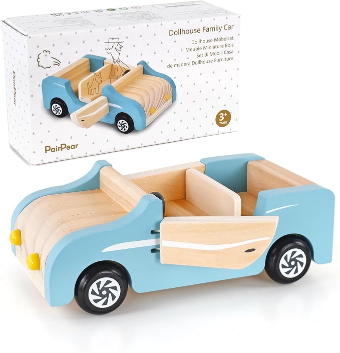 PairPear Wooden Family Car for Dolls,Wooden Toys Dollhouese Furniture Accessories Playset,Kids Pretend Preschool Play Vehicle Toys Gift for Toddler 3 Years and Up