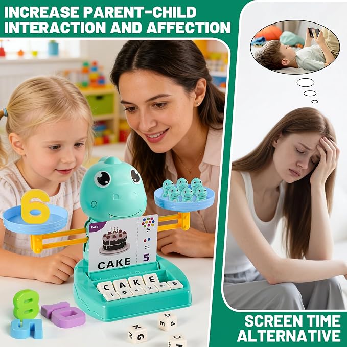 Upgraded Dinosaur Math Balance Toy with Number Blocks, Letter Cubes & 32 Learning Cards, Montessori Learning & Education Toys for Ages 3–7,Ideal Gift for Kids (Upgraded Blue)