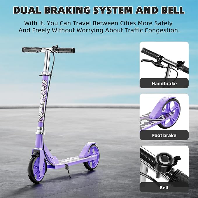 Scooters for Kids 8-12, Teens & Adults - Lightweight, Foldable, 8-Inch Big Wheels, Hand Brake & Bell, 4 Adjustable Height Levels, 240 lbs Max Load, Perfect for School, Campus and Park Rides