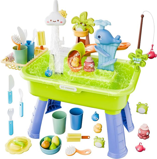 2026 Upgraded Water Table for Toddlers 1-3, Kids Play Sink with Running Water, Toddler Kitchen Sink Toy with Pump, Fishing Game & Sensory Water Play Toys for Boys Girls (Green)
