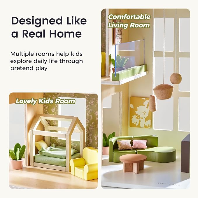 Tiny Land Wooden Doll House, Modern Family Dollhouse with Realistic Design, 7 Rooms Dollhouse with 49 PCS Accessories, Montessori Pretend Play Toddler Toy, Ideal Gift for Kids Ages 3+, Green