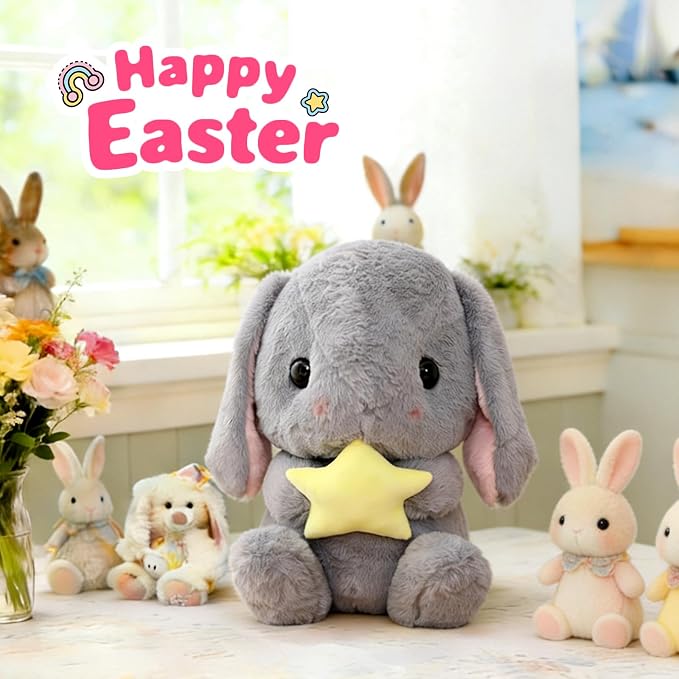 HOUPU Soft Toy - Sitting Lop Eared Rabbit, Easter White Rabbit Stuffed Bunny Animal with Carrot Soft Lovely Realistic Long-Eared Standing Pink Plush Toys (Gray-Star,16.9in/43cm)