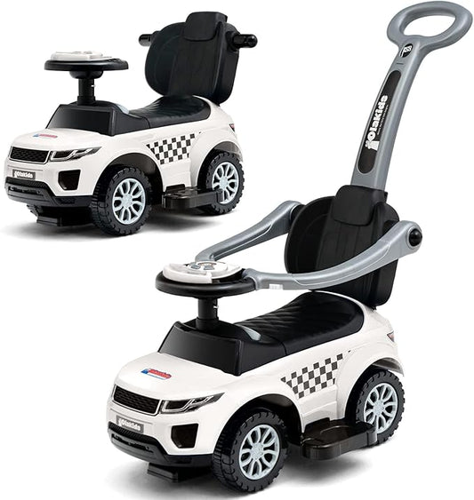 OLAKIDS 4 in 1 Ride on Push Car, Toddlers Stroller Sliding Walking Toy with Horn, Music, Lights, Removable Guardrails Handle, Underneath Storage, Foot-to-Floor Walker for Boys Girls (Ivory White)