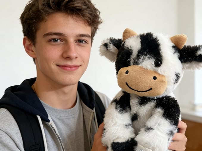 Cute Cow Plush Stuffed Animal Doll Toy 8 inch for Girls Boys One Peices （Each one has a Different Pattern） (sit Cow bd Black)