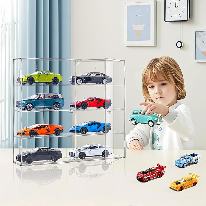 JUESHA Acrylic Display Case for 1/24 Scale Diecast Storage, 4 Levels 8 Slots Toy Cars Showcase Wall Mount Or Desktop, Clear Display Organizer for Nascar Diecast Model Car Tabletop