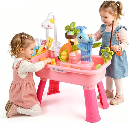 Upgraded 4-in-1 Sand Water Table for Toddlers 1-3, Kids Sensory Table with Electric Water Pump & Cloud Faucet, Play Kitchen Sink with Food Accessories, Fishing Toy ‒ Adjustable Height (Pink)