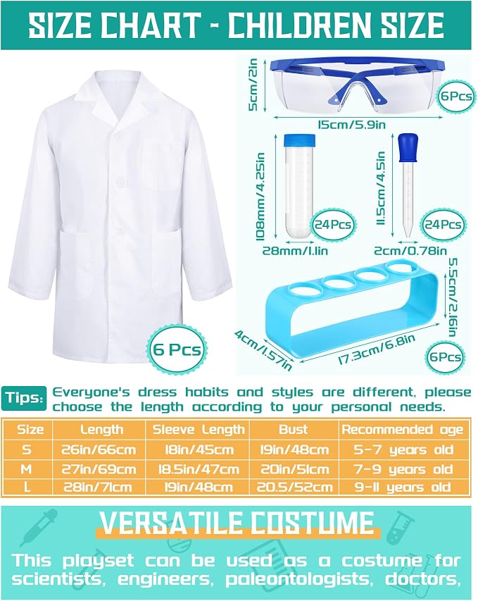 Unittype 6 Set 66 Pcs White Kids Lab Coats Bulk Children Girl Doctor Scientist Costume Lab Coat Goggles Test Tube Eyedropper(L)