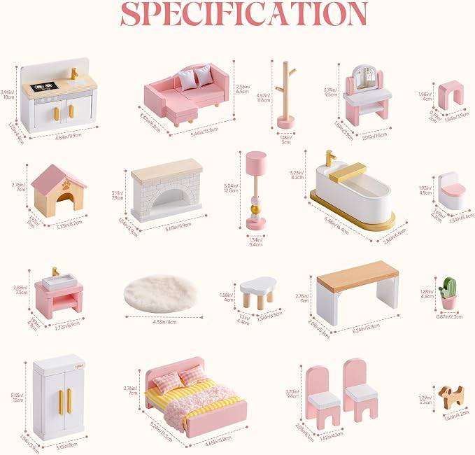 ROBUD Wooden Dollhouse Furniture Set, 28 Pcs Doll House Accessories, Miniature Furniture Including 6 Room Kits, Pretend Play Toys, Gift for Boys and Girls,3+