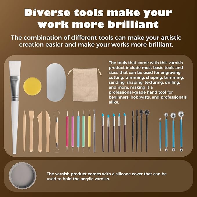 Sovol 240ml Air Dry Clay Glaze with 33pcs Clay Tools kit, Gloss & Matte Clay Varnish Protects Clay from Wear, Cracking, Scratches, Pottery Tools for Stippling, Carving, Molding, Shaping Clay Crafts