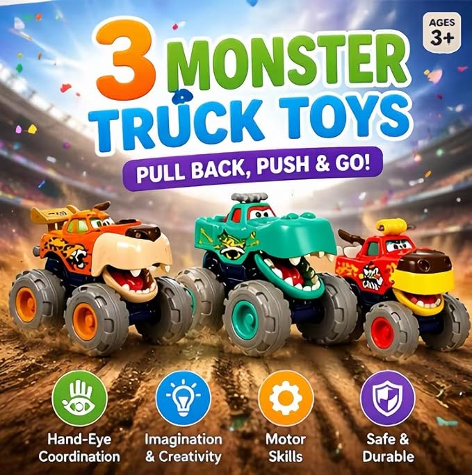 MOONTOY Toy Cars for Toddlers 1-3, 3 Pack Monster Truck Toys for 1 2 3 Year Old Boy Gifts, Baby Animal Play Vehicle Push Pull Back Truck for 12-18 Months 2-4 0-2 1-2 One Year Old Boy 1st Birthday Gift