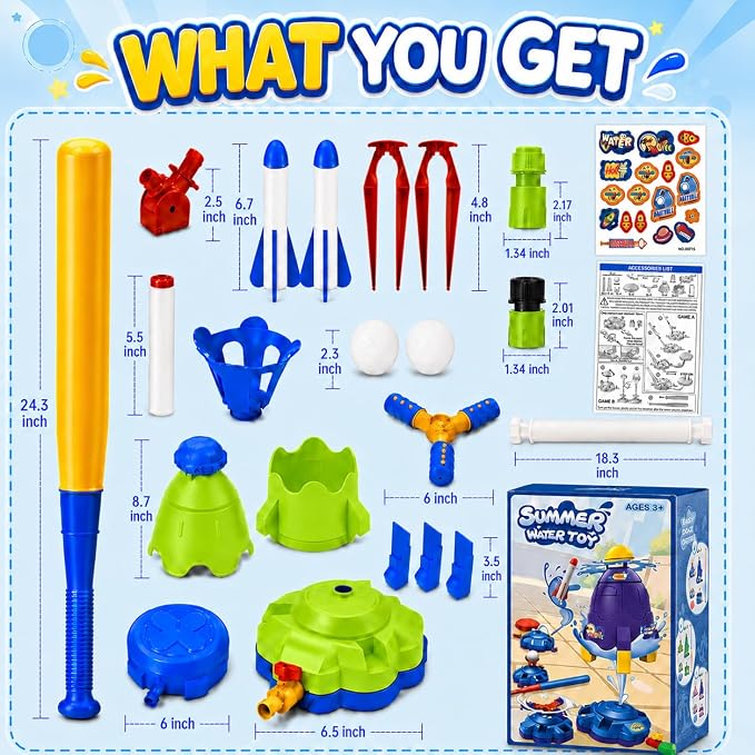 4-in-1 Water Sprinkler Toy for Kids,Backyard Outdoor Water Toys with Water-Spraying Rocket, Baseball Game, Rocket Launcher, Spinning Spray,Summer Yard Water Toys for Boys Girls Ages 4-12