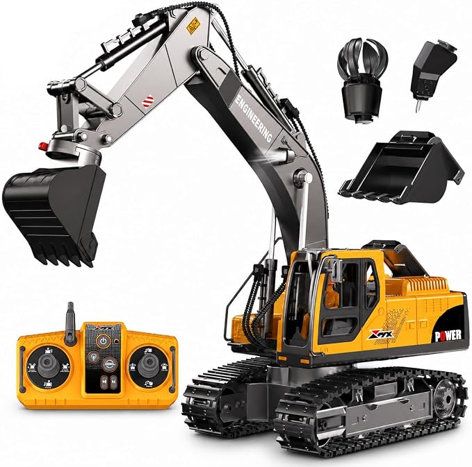Remote Control Excavator Toys, 3-in-1 Metal Bucket/Claw/Drill, Turns 680° - Construction Toys with Lights/2 Recharge Batteries/Music, Christmas Birthday Gifts Mini RC Excavator Toys Boys for 3+