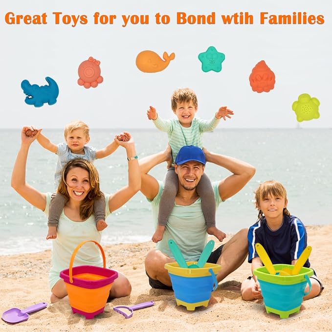 Beach Toys Essential Set for Kids 3-10, Collapsible Sand Bucket Set with 3 Shovels, 6 Sand Molds and Large Mesh Bag, Sand Toys for Beach, Sandbox Travel Toys for Toddlers Kids