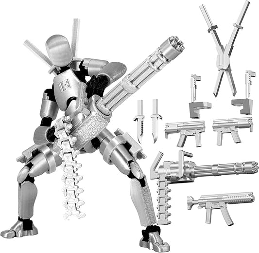 Gatling Gun Titan 13 Action Figure Set【Assembled】, Robot T Action Figure 3D Printed Dummy 13 Action Fidget Toys Figure Articulated, Lucky 13 for Collectors Desktop Decorations (Silver-Black)
