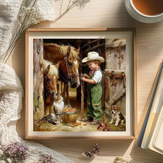 Paint by Numbers for Adults and Kids Beginner Vintage Cowboy Boy Horses, Cat, Puppy Painting by Number Kits On Canvas Number Artist Paint by Number Kit Oil Painting Acrylic Paints Home Wall Decor Gift