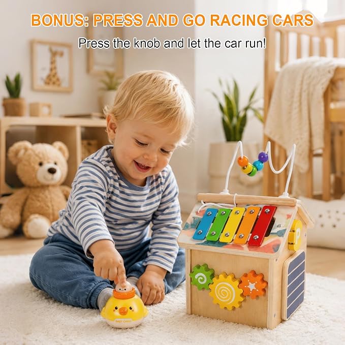 Wooden Activity Cube for Toddlers 1-3 with Press to Go Car Toy, Montessori Baby Educational Learning Toys for Kids, Multipurpose Infant Activity Center, for Girls Boys 1+ Year Old