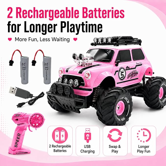 10Leccion Remote Control Car for Girls, Pink RC Truck with 2 Rechargeable Batteries, 2.4GHz Kids RC Monster Truck Toy, Easy Control Birthday Gift for Girls Ages 3-8