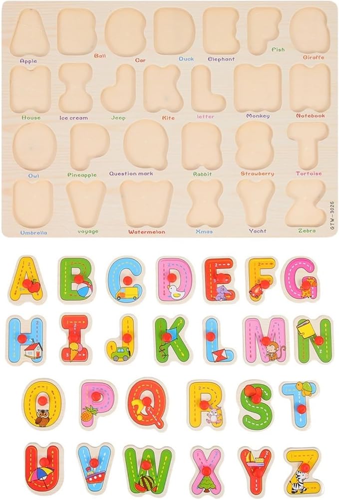 Alphabet Puzzle Wooden Puzzles for Toddlers 3+ Year Old, ABC Puzzle Shape Alphabet Learning Puzzles Toys with Puzzle Board & Letter Blocks, Preschool Education Kit for Girls and Boys