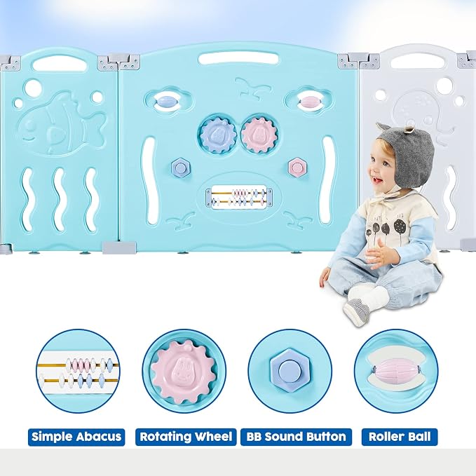 Albott Baby Fence 18 Panels Kids Playpen- Foldable Toddler Safety Play Center Yard Adjustable Shape Portable Design for Children Toddler Indoor Outdoor Use Blue