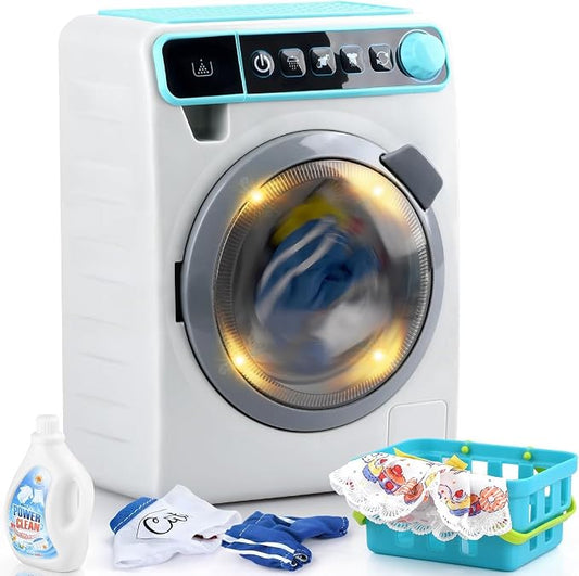 Kids Toy Washing Machine, Realistic Pretend Play Appliance for Girls, Interactive Toy Dollhouse Furniture, Play Washer and Dryer Playset with Spinning Drum