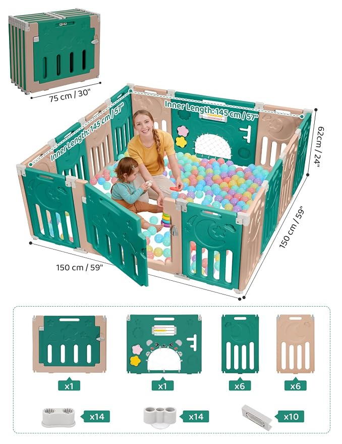 Dripex Baby Playpen, 14-Panel Foldable Playard for Toddlers 6-36 Months, Adjustable & Portable Indoor Outdoor Safety Play Area with Anti-Pinch Design, Game Panel and Safety Gate, Green Brown