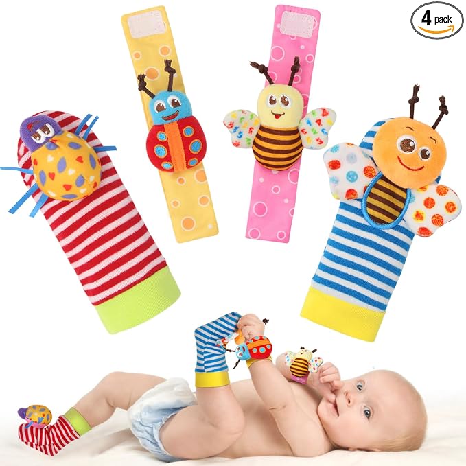 Bloobloomax Baby Rattles Toys for 0-12 Month, Infant Girl Boy Toys for Babies 3-6 Months, Newborn Hand & Foot Toys for 0 to 9 Months, Baby Shower Gifts Set with Wrist Rattle Socks (Light Blue)