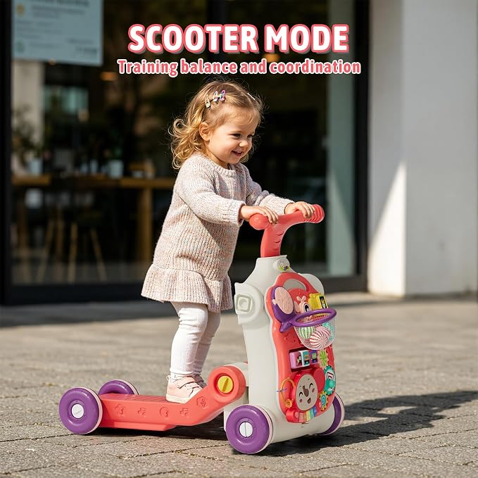 QDRAGON 5 in 1 Walker for Baby Girl, Baby Push Walkers, Assemble as Scooter/Motorbike/Activity Center/Detachable Panel, Walking Toys for Infants, Red