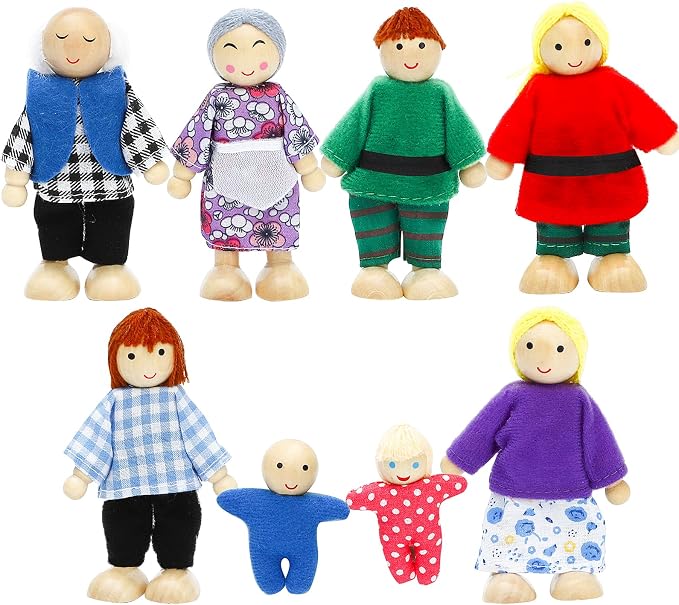 ONEST 8 Pieces Wooden Dollhouse Family Set Mini People Figures Sets Dollhouse Dolls Wooden Doll Family Pretend Play Figures Accessories for Pretend Dollhouse