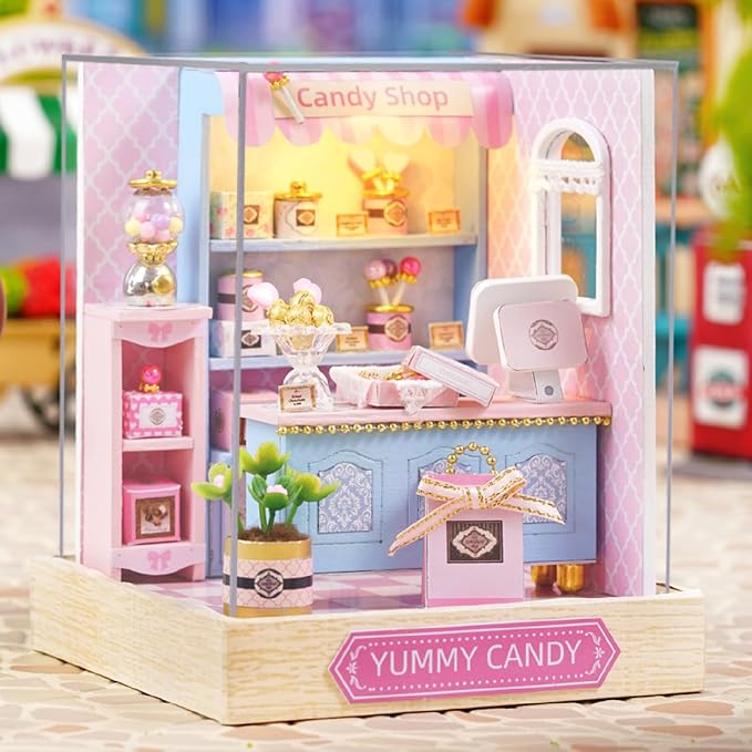 DIY Miniature Dollhouse Kits - Wooden Mini Model House with LED Lights, Tiny Furniture & Accessories – Craft Building Kits for Teens & Adults (Yummy Candy Shop) – Birthday Valentine's Gift